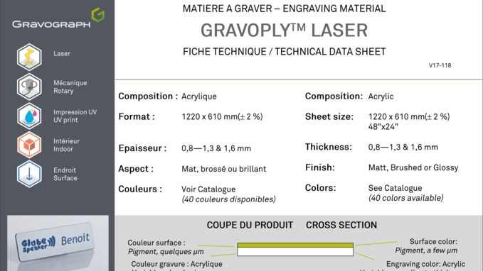 Example of a technical data sheet: part of the technical data sheet for Gravoply Laser